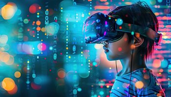 Ein Junge hat eine Virtual Reality Brille auf. Um ihn herum sind bunte Punkte und Muster.
